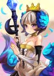  1girl bare_shoulders breasts bridal_gauntlets choker cleavage collarbone detached_sleeves feathered_wings feathers gradient gradient_background gwendolyn hair_bun hair_up hairband jewelry lavender_eyes odin_sphere phandit_thirathon pteruges ring silver_hair solo spear tiara upper_body wings 