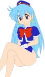  1girl 90s absurdres aqua_hair breasts dress female hat highres hips legs legs_crossed long_hair no_panties photoshop short_dress simple_background smile solo stewardess tenjouin_katsura thighs vector_trace violet_eyes yat_anshin_uchuu_ryokou 