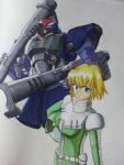  1girl artist_request blonde_hair blue_eyes dual_wielding gradient gradient_background gundam gundam_side_story:_from_place_beyond_the_blaze lilia_flaubert mecha pilot_suit rick_dom_ii rocket_launcher weapon 