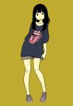  1girl arm_behind_back black_eyes black_hair collarbone hosoo lips logo long_hair shoes shorts simple_background smile sneakers solo teeth the_rolling_stones tongue yellow_background 
