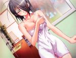  1girl artist_request bare_shoulders blush breasts brown_hair character_request cleavage closed_eyes covered_navel sakura_sakura short_hair solo tears towel 