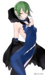  1girl arm_warmers bare_shoulders black_cape blue_dress breasts caladrius cape choker dress eleanor_riegl green_hair hood official_art red_eyes simple_background small_breasts solo thigh-highs torn_clothes torn_dress yasuda_suzuhito 