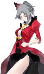  1girl between_breasts breasts caladrius center_opening cleavage dress grey_hair milia_marivene necktie necktie_between_breasts official_art open_clothes red_dress red_eyes ribbon simple_background solo thighs torn_clothes torn_skirt yasuda_suzuhito 