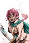  1girl bare_shoulders blood braid breasts cape female gladiator gloves large_breasts long_hair one_piece pink_hair rebecca_(one_piece) simple_background solo sword violence weapon 