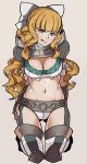  1girl armor bangs bikini_armor blonde_hair bow breasts charlotte_(fire_emblem_if) cleavage female fire_emblem fire_emblem_if gauntlets hair_bow highres kneeling large_breasts licking_lips long_hair midriff navel shoulder_pads simple_background solo splashbrush stomach thigh_boots tongue tongue_out 