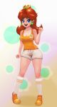  1girl black-rayal blue_eyes brown_hair crown earrings freckles gradient gradient_background jewelry looking_at_viewer nintendo princess_daisy shoes shorts sneakers solo super_mario_bros. super_mario_land 