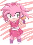  1girl amy_rose bare_shoulders bracelet dress furry green_eyes headband jewelry legwear pink_hair short_hair simple_background sleeveless smile solo sonic_boom_(game) sonic_the_hedgehog striped_background 