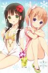  2girls bikini breasts cleavage gochuumon_wa_usagi_desu_ka? gradient gradient_background hoto_cocoa koi multiple_girls open_clothes open_shirt polka_dot polka_dot_background possible_duplicate shirt swimsuit ujimatsu_chiya 