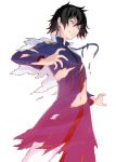  1boy black_hair caladrius cape kei_percival navel official_art ribbon simple_background solo torn_cape torn_clothes white_cape yasuda_suzuhito yellow_eyes 