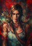  1girl bow_(weapon) brown_eyes brown_hair gradient gradient_background lara_croft long_hair looking_at_viewer portrait realistic solo tomb_raider weapon 