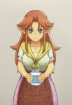  1girl blue_eyes cremia long_skirt looking_at_viewer orange_hair pointy_ears ryuutansai simple_background skirt solo the_legend_of_zelda the_legend_of_zelda:_majora&#039;s_mask 