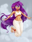  1girl :d bare_shoulders blue_eyes clouds dark_skin dstears gradient gradient_background happy jumping knees_together long_hair midriff navel open_mouth pajamas pants pointy_ears purple_hair shantae shantae_(character) shantae_(series) smile solo very_long_hair white_pants 