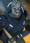  1boy alien armor black_sclera blue_eyes damaged facepaint garrus_vakarian gobeur gradient gradient_background gun male_focus mandibles mass_effect neon_trim no_humans power_armor rift scar solo turian weapon 