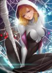  1girl blonde_hair blue_eyes blurry bodysuit breasts city depth_of_field gradient gradient_background gwen_stacy hood lens_flare looking_at_viewer magion02 marvel smile solo spider-gwen spider-man_(series) spider_web 