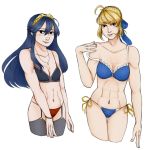  2girls abs ahoge artist_request artoria_pendragon_(all) bikini black_eyes blonde_hair blue_bikini blue_hair blush bow breasts carnival_phantasm crossover fate/grand_order fate/stay_night fate_(series) female fire_emblem fire_emblem:_kakusei fire_emblem_awakening fire_emblem_heroes garter_straps grey_legwear hair_bow hair_ornament intelligent_systems jewelry kawasumi_ayako kobayashi_yuu long_hair look-alike looking_at_viewer lucina multiple_girls muscle navel necklace nintendo princess saber short_hair side-tie_bikini simple_background smile standing strap_slip super_smash_bros. swimsuit thigh-highs thighs tiara trait_connection type-moon ufotable underwear vocal_connection white_background 