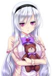  1girl breasts female gorua_(youce01) hairband large_breasts long_hair original simple_background solo stuffed_animal stuffed_toy teddy_bear violet_eyes white_hair 