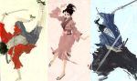  1girl 2boys black_hair brown_eyes brown_hair champloo earrings facial_hair fuu fuu_(samurai_champloo) glasses gradient gradient_background hair_ornament highres japanese_clothes jewelry jin_(samurai_champloo) katana kimono lightofheaven long_hair mugen mugen_(samurai_champloo) multiple_boys samurai samurai_champloo short_hair stubble sword tanto tantou tears weapon 