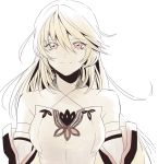  1girl bare_shoulders blonde_hair breasts detached_sleeves long_hair milla_(tales_of_xillia_2) monochrome pink_eyes simple_background smile solo tales_of_(series) tales_of_xillia_2 