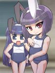  blue_eyes blue_hair classroom fat_mons genkotsu_herajika happy purple_hair red_eyes swimsuit 