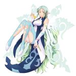  1girl aqua_hair bare_shoulders bracelet breasts cleavage cleavage_cutout detached_sleeves dress food fruit green_eyes jewelry muzet_(tales) panties pantyhose pointy_ears simple_background solo tales_of_(series) tales_of_xillia tales_of_xillia_2 underwear very_long_hair wings 