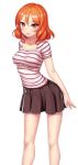  1girl blush breasts collarbone dmm drive_on_requesta female game_cg large_breasts legs looking_at_viewer matching_hair/eyes orange_eyes orange_hair short_hair simple_background skirt smile solo standing striped_clothes thighs white_background 