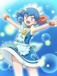  10s 1girl armpits arms_up awa blue_hair dress gradient gradient_background key miette_(pokemon) millefeui_(pokemon) pink_eyes pokemon pokemon_(anime) pokemon_(game) pokemon_xy solo 