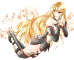  1girl bare_shoulders boots breasts brown_hair detached_sleeves long_hair milla_(tales_of_xillia_2) simple_background skirt smile solo tales_of_(series) tales_of_xillia_2 thigh-highs violet_eyes 