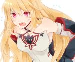  1girl bare_shoulders blonde_hair blush breasts detached_sleeves long_hair milla_(tales_of_xillia_2) open_mouth pink_eyes simple_background skirt solo tales_of_(series) tales_of_xillia_2 