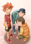  3boys blush child genda hada_toshiya hat heart kneeling male_focus multiple_boys standing 