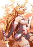 1girl bare_shoulders breasts cleavage detached_sleeves gradient gradient_background long_hair milla_(tales_of_xillia_2) open_mouth orange_hair pink_eyes skirt sky solo sword tales_of_(series) tales_of_xillia_2 tears thigh-highs weapon 