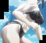  1girl abs bikini black_hair breasts camouflage camouflage_bikini clouds gradient gradient_background jormungand muscle navel screencap sofia_valmer solo stitched swimsuit 