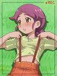  10s 1girl awa blush brown_eyes gradient gradient_background jean_(pokemon) lying pokemon pokemon_(anime) pokemon_(game) pokemon_xy purple_hair solo suspenders 