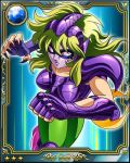  1girl armor card_(medium) female galaxy_card gradient gradient_background green_hair mask ophiuchus_shaina saint_seiya solo 