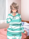  1girl bed bedroom blush braid breasts brown_hair enoshima_iki female glasses highres hood large_breasts legs long_hair looking_at_viewer original pajamas pillow pink_eyes solo standing striped_clothes sweatdrop thigh_gap thighs twin_braids 