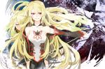  2girls bare_shoulders blonde_hair blush breasts closed_eyes detached_sleeves gradient gradient_background long_hair milla_(tales_of_xillia_2) milla_maxwell multicolored_hair multiple_girls open_mouth red_eyes skirt sword tales_of_(series) tales_of_xillia tales_of_xillia_2 weapon 