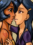  2girls alex_(totally_spies) black_hair brown_eyes dark_skin eye_contact hair_ornament hairclip incipient_kiss lips looking_at_another mandy_(totally_spies) multiple_girls simple_background totally_spies violet_eyes yuri 