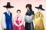  1girl 3boys beads black_hair dress fan folding_fan gat goo_yong_ha gradient gradient_background hanbok hat kim_yoon_hee korean_clothes lee_sun_joon maedeup moon_jae_shin multiple_boys sungkyunkwan_scandal topknot traditional_clothes 