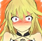  1girl bare_shoulders blonde_hair blush breasts long_hair milla_(tales_of_xillia_2) orange_background pink_eyes simple_background solo tales_of_(series) tales_of_xillia_2 