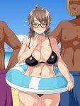  1girl beach bikini black_bikini blonde_hair blush braid breast_press breasts cleavage collarbone dark_skin embarrassed enoshima_iki glasses highres innertube large_breasts legs long_hair looking_at_viewer navel ocean original pink_eyes sand shiny shiny_skin sky solo_focus standing swimsuit tears thigh_gap thighs twin_braids water 