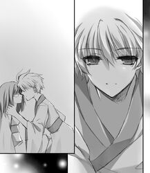  breasts fate/prototype fate_(series) glasses japanese_clothes kimono monochrome open_mouth saber_(fate/prototype) sajou_ayaka short_hair 