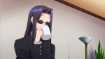  1girl animated animated_gif black_hair business_suit coffee cup glasses long_hair monster_musume_no_iru_nichijou ms._smith solo standing 
