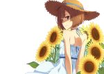  1girl back bangs bare_shoulders blunt_bangs bob_cut breasts brown_eyes brown_hair dress flower from_behind hat kinta_(distortion) looking_at_viewer looking_back original short_hair simple_background small_breasts smile solo straw_hat sundress sunflower white_dress 