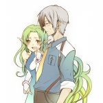  1boy 1girl aqua_hair bare_shoulders blush bracelet breasts closed_eyes detached_sleeves dress grey_hair jewelry long_hair ludger_will_kresnik multicolored_hair muzet_(tales) necktie open_mouth pants pointy_ears short_hair simple_background tales_of_(series) tales_of_xillia tales_of_xillia_2 yellow_eyes 