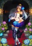  1girl armor armored_boots bangs bare_shoulders boots choker cropped_legs dress female flower greaves gwendolyn hair_flower hair_ornament indoors light_smile looking_at_viewer nonomononano odin_sphere outstretched_arm parted_bangs pteruges silver_hair skirt sleeveless sleeveless_dress smile solo spear stairs standing strapless strapless_dress thigh_boots tiara white_dress wings 