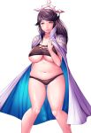  1girl black_hair breasts cape circlet cleavage fire_emblem fire_emblem_if gluteal_fold harihisa mikoto_(fire_emblem_if) navel nintendo plump simple_background solo stomach tiara under_boob underwear 