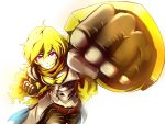  1girl blonde_hair breasts punching rwby simple_background smile violet_eyes yang_xiao_long 