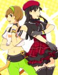  2girls ai-wa alternate_costume amagi_yukiko beret black_hair brown_hair gradient gradient_background hairband hat midriff multiple_girls navel persona persona_4 persona_4:_dancing_all_night plaid plaid_skirt polka_dot polka_dot_background satonaka_chie skirt thigh-highs 