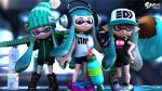  3d 3girls blue_eyes blue_hair boots green_eyes hat headphones inkling looking_at_viewer multiple_girls pointy_ears splatoon tentacle_hair violet_eyes 