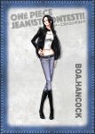  1girl black_hair blue_jeans boa_hancock boots breasts cleavage denim earrings jacket jewelry large_breasts midriff one_piece 