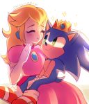  1boy 1girl blonde_hair blue_skin blush crossover crown earrings elbow_gloves gloves green_eyes jewelry princess_peach simple_background smile sonic sonic_the_hedgehog super_mario_bros. super_smash_bros. 